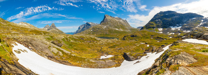 Panorama of Mountain valley landscape next to Trollstigen in Norway