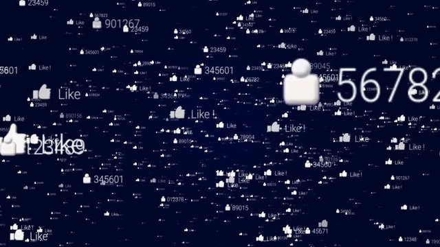 Loop many likes zoom in looping background Like,Like,Like flying very fast infinity BG. Internet network.Use in youtube,  vimeo, facebook  and other media sites.Blue.