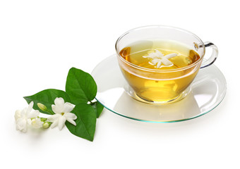 homemade jasmine tea and arabian jasmine flower isolated on white background