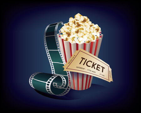 Cinema Vintage with film strip, popcorn and movie ticket. Blue background, vector illustration.