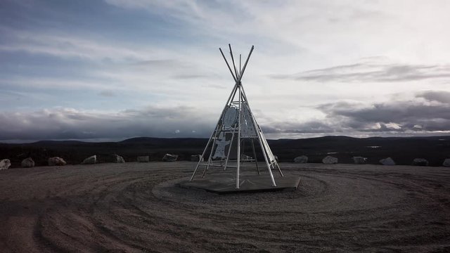 Drone, low shot, Rupert River diversion Cree memorial teepee in northern Quebec