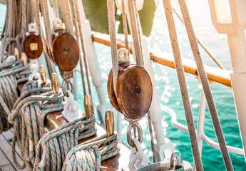 Old ship tackles. Old sailing ship vessel. Background