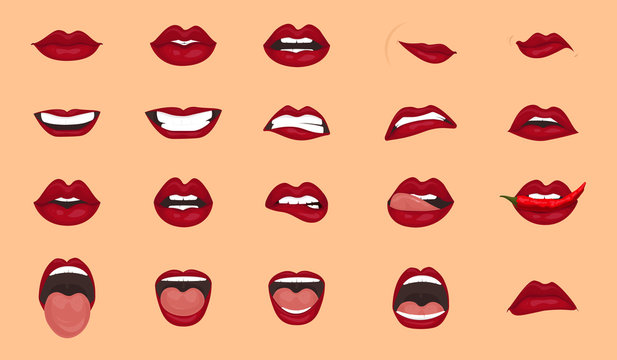 Cartoon icons big set isolated. Cute mouth expressions facial gestures lips sadness rapture disappointment fear surprise joy smile cry despondency coquetry cute mouth. Isolated vector illustration