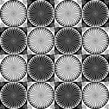 Seamless pattern ornament with abstract spirals, black and white vector image.