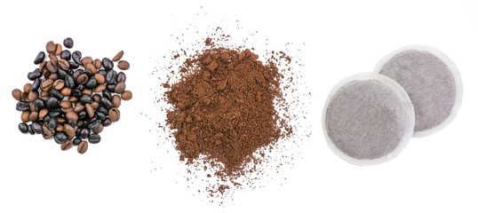 Drei Arten von Kaffeeprodukten auf weißem Hintergrund