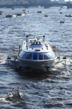 River passenger boat on hydrofoils on Neva River. Saint-Petersburg.