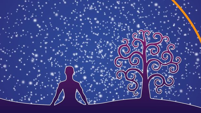 Silhouette of a yogi and a tree of life against a rotating starry sky. From the yoga figure, circles of different colors diverge. Video picture.