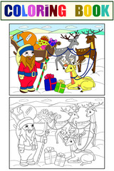 Childrens color and coloring cartoon animal friends in nature. Santa claus on the north pole next to sleighs and magical deer