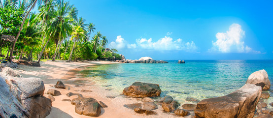 Schöner tropischer Strand auf einer exotischen Insel mit Palmen