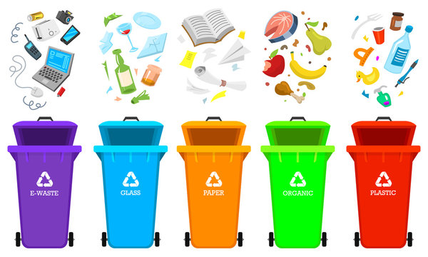 Recycling garbage elements. Bag or containers or cans for different trashes. Sorting and Utilize food waste. Ecology symbol. Segregation Separation and Industry management concept. disposal refuse bin