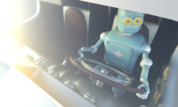 Retro Robot drave car. Autonomous transport and self-driving cars concept