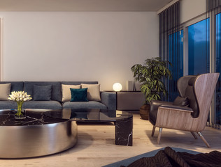 Modern interior design of Italian style living room, contemporary, luxury, night scene