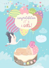 Nice card with stork and baby on blue sky