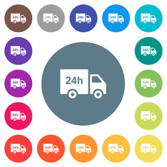 Fototapeta na wymiar 24 hour delivery truck flat white icons on round color backgrounds