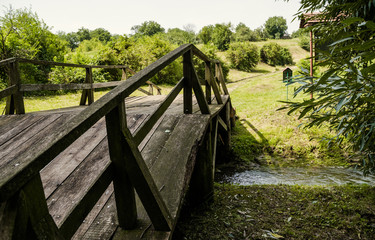 Fototapeta na wymiar Old oak wooden bridge and green meadow