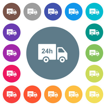 24 hour delivery truck flat white icons on round color backgrounds