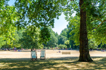 Deck chairs at St James park during the summer of 2018, London