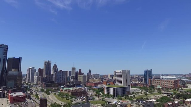 Aerial pan of Downtown Detroit