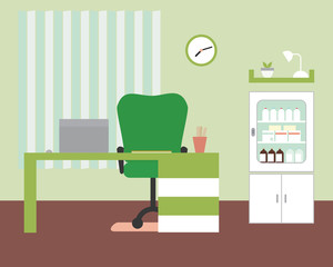 Office or doctor's office with table and chair, laptop and medicine box with clock and shelf on green wall with blinds