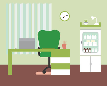 Office Or Doctor's Office With Table And Chair, Laptop And Medicine Box With Clock And Shelf On Green Wall With Blinds