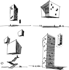 four hand drawn architectectural sketches of a modern abstract architecture and futuristic flying and levitating building