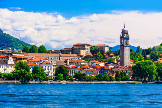 Scenic lake Lago Maggiore. view of charming town Pallanza. North of Italy
