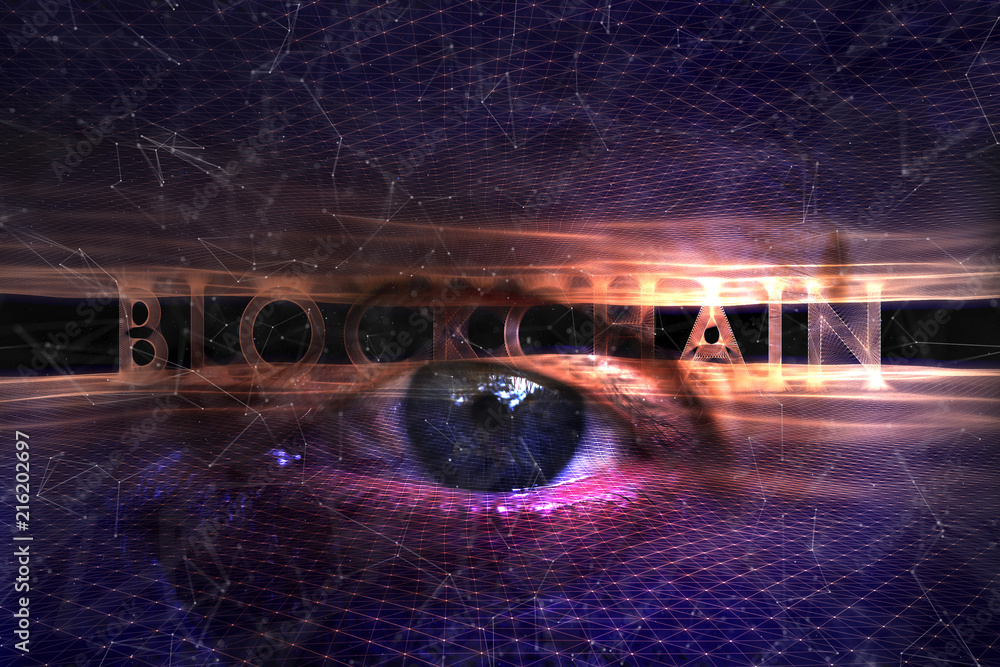 Poster artistic blockchain word on abstract violet blue cyberspace network with artistic human eye backgrou
