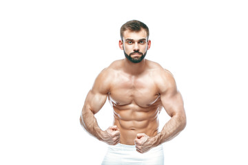 Fototapeta na wymiar bodybuilder posing. Beautiful sporty guy male power. Fitness muscled manin white lingerie. on isolated white background.
