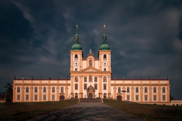 Fototapeta na wymiar Holy Kopecek., Olomouc, Czech Republic. Basilika minor with stormy clouds in background. 