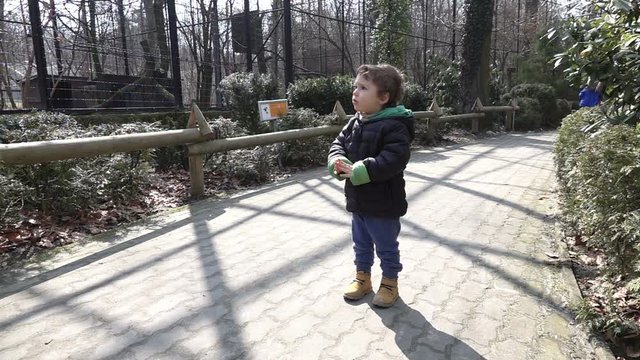 Sad baby boy standing on the pathway in zoological garden, slow motion shot at 240fps
