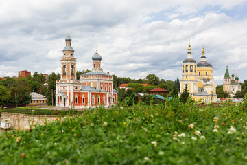 Fototapeta na wymiar Panorama view on Assumption Church on the Hill and Church Of Elijah The Prophet, medieval orthodox churches in Serpukhov, Moscow region, Russia.