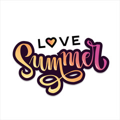 Hand drawn lettering love summer with heart in world love and pink yellow gradient. Abstract design card for prints, flyers, banners, invitations, t-shorts design, special offer