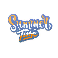 Summer time hand drawn striped inspirational lettering quote for hot sticker, postcard, T-shirt design print, banner, logo, template. Flat vector. Handwritten letters outline. White, ogange and blue