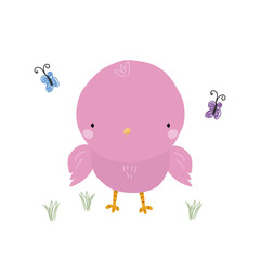 Cute little purple bird with butterflies. Vector hand drawn illustration.