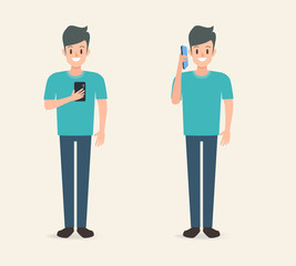 man character to talking a mobile phone to communication. businessman cartoon design.