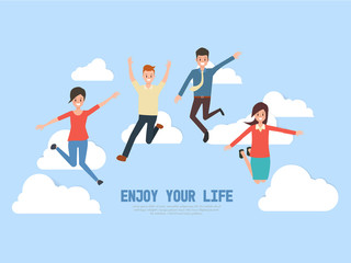 group people jumping on the cloud background. enjoy the life. freedom infographic.