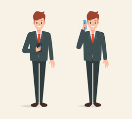man character to talking a mobile phone to communication. businessman cartoon design.
