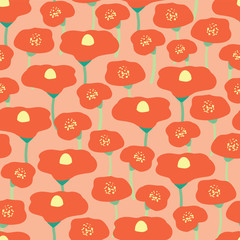 Poppy flower field seamless vector background. Red poppies meadow on pink coral peachy background. Retro floral background. Hand drawn vintage florals. Wrapping, wallpaper, fabric, scrapbooking, web