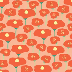 Fotobehang Klaprozen Poppy bloem veld naadloze vector achtergrond. Rode papaversweide op roze koraal peachy achtergrond. Retro bloemenachtergrond. Hand getekende vintage bloemen. Inpakpapier, behang, stof, scrapbooking, web