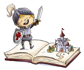 niño caballero con cuento de castillo