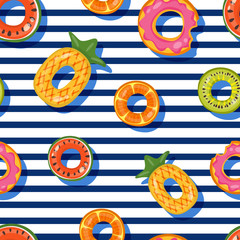Vector seamless swimming pool float rings pattern. Top view illustration of inflatable kids toys on striped background. Fashion design for summer textile print.