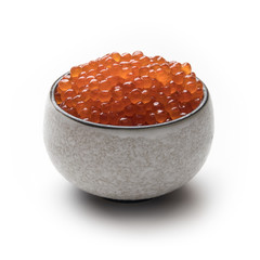 Red salmon caviar in a cup, isolated on white