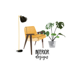 vector interior design hand drawn watercolor illustration. living room furniture sketch.  interior design logo banner.