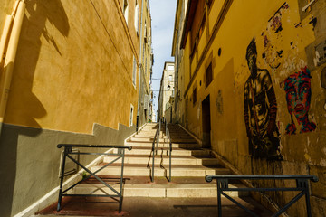 Marseilles, France - April 2018. French glimpse at old district of Le Panier, Marseilles, Old...