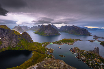 Panoramic view of the fishing town of Reine from the top of the Reinebringen viewpoint in the Lofoten Islands, Norway