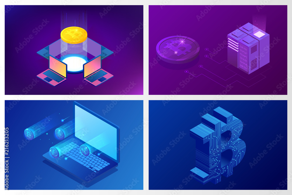 Aufkleber isometric bitcoin mining concept. cryptocurrency and blockchain concept. farm for mining bitcoins. d