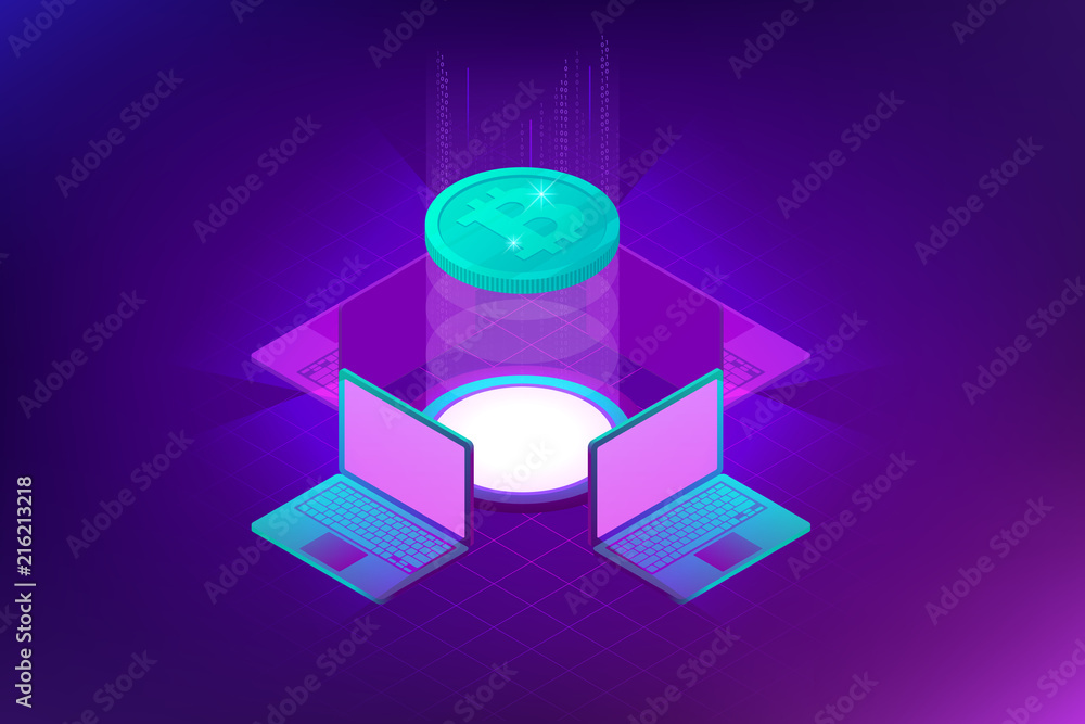 Aufkleber isometric bitcoin mining concept. cryptocurrency and blockchain concept. farm for mining bitcoins. d