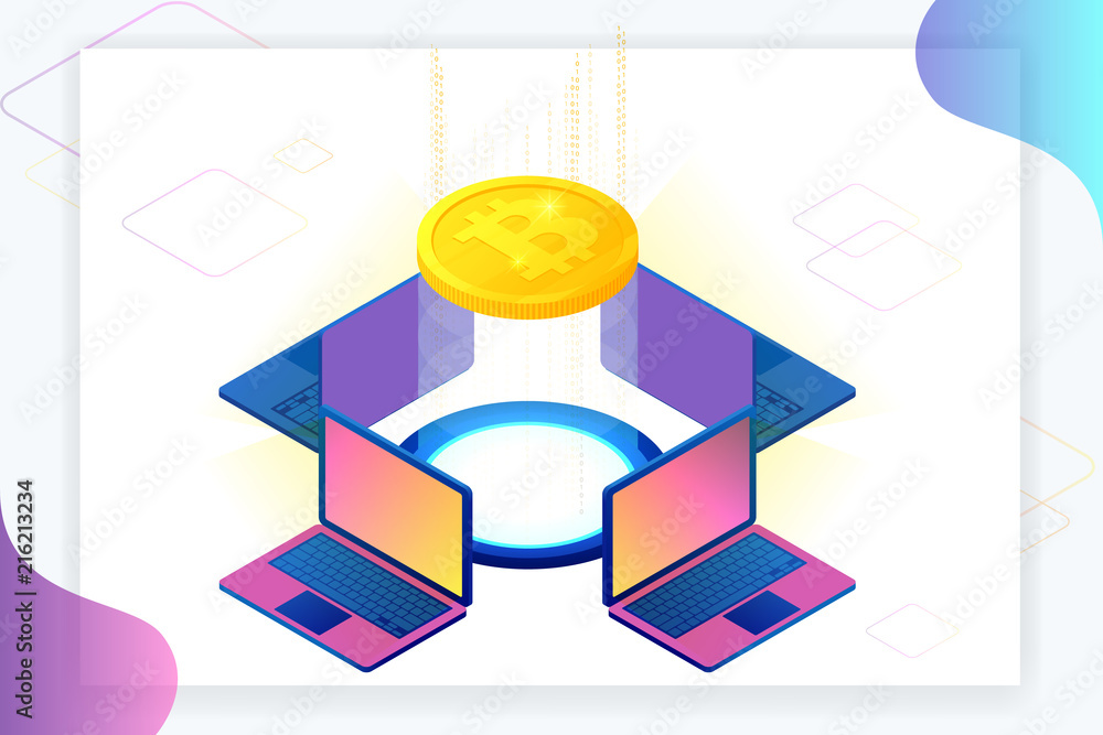 Aufkleber isometric bitcoin mining concept. cryptocurrency and blockchain concept. farm for mining bitcoins. d