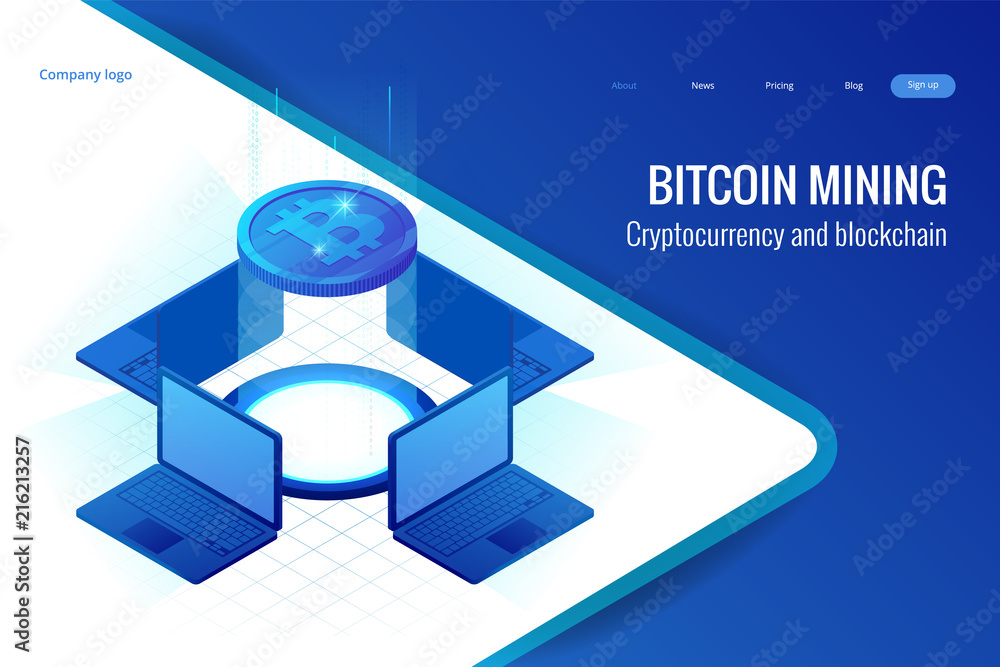 Aufkleber isometric bitcoin mining concept. cryptocurrency and blockchain concept. farm for mining bitcoins. d