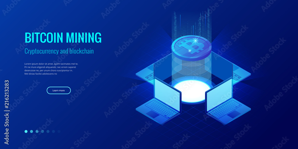 Aufkleber isometric bitcoin mining concept. cryptocurrency and blockchain concept. farm for mining bitcoins. d